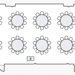Room 304 set up with two rows of round tables