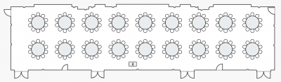 Room 304 set up with two rows of round tables